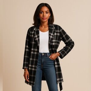 Black & White Plaid Belted Jacket – Casual, Business & Evening Versatile Coat
